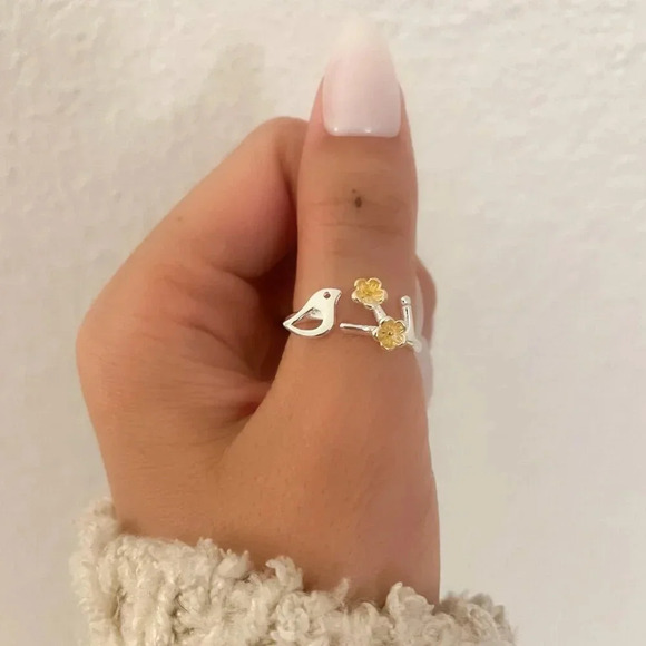 925 Sterling Silver & Gold Two Tone Ring Bird & Flower Minimalist Stackable Ring - Picture 4 of 7